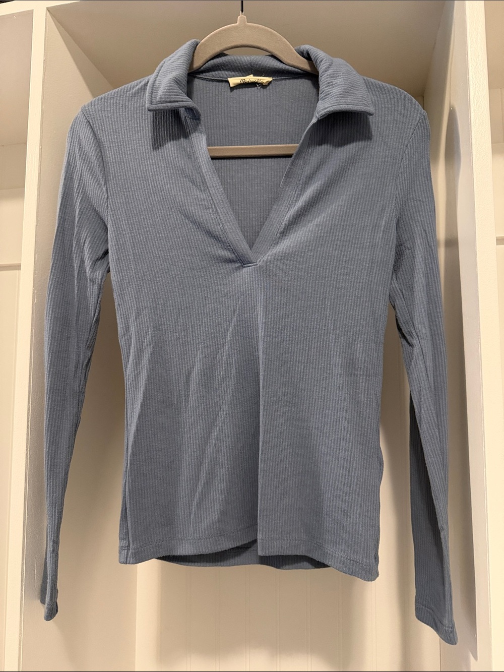 Madewell Ribbed V-Neck Long Sleeve Top - Dusty Blue